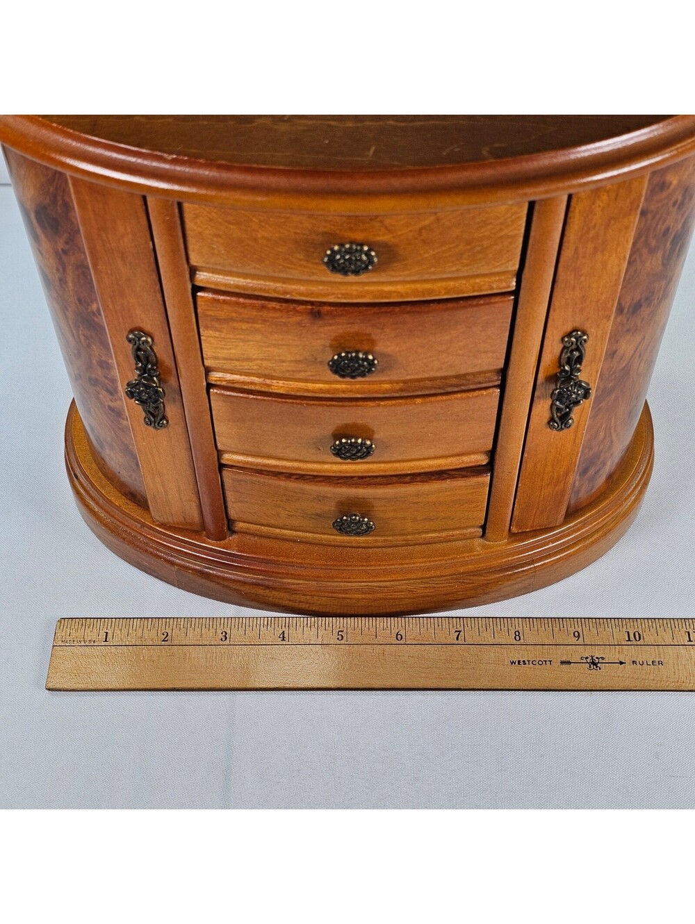 Vintage Wooden Jewelry Box Armoire Burl Wood Finish Tabletop Chest 4 Drawers - Picture 5 of 9